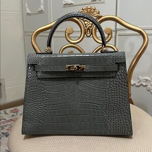 Gray Crocodile Embossed Handbag